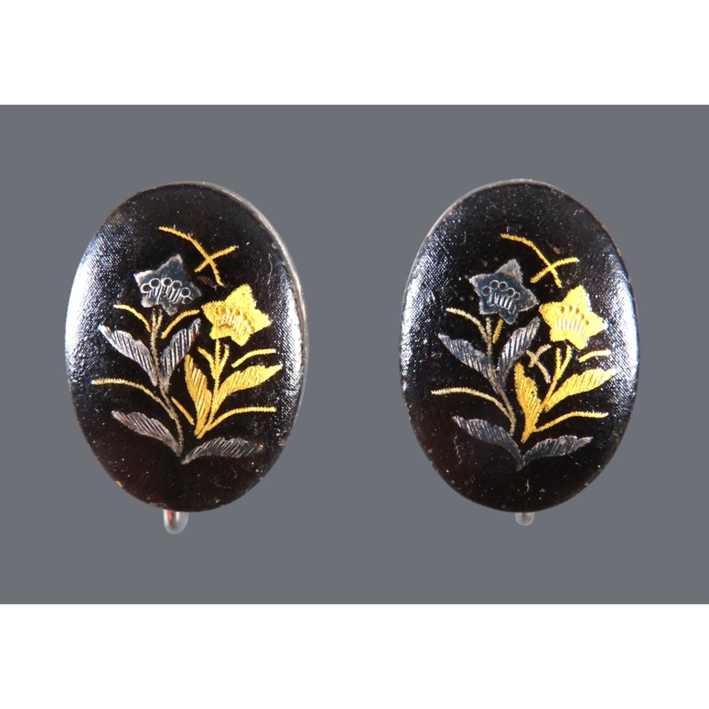 VTG TOLEDO DAMASCENE Screw Back Oval Earrings BLACK ENAMEL Gold Silver Flowers